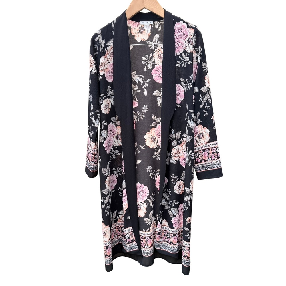 Miley + Molly Floral Duster Cardigan Womens M/L Black Pink Long Sleeve Open